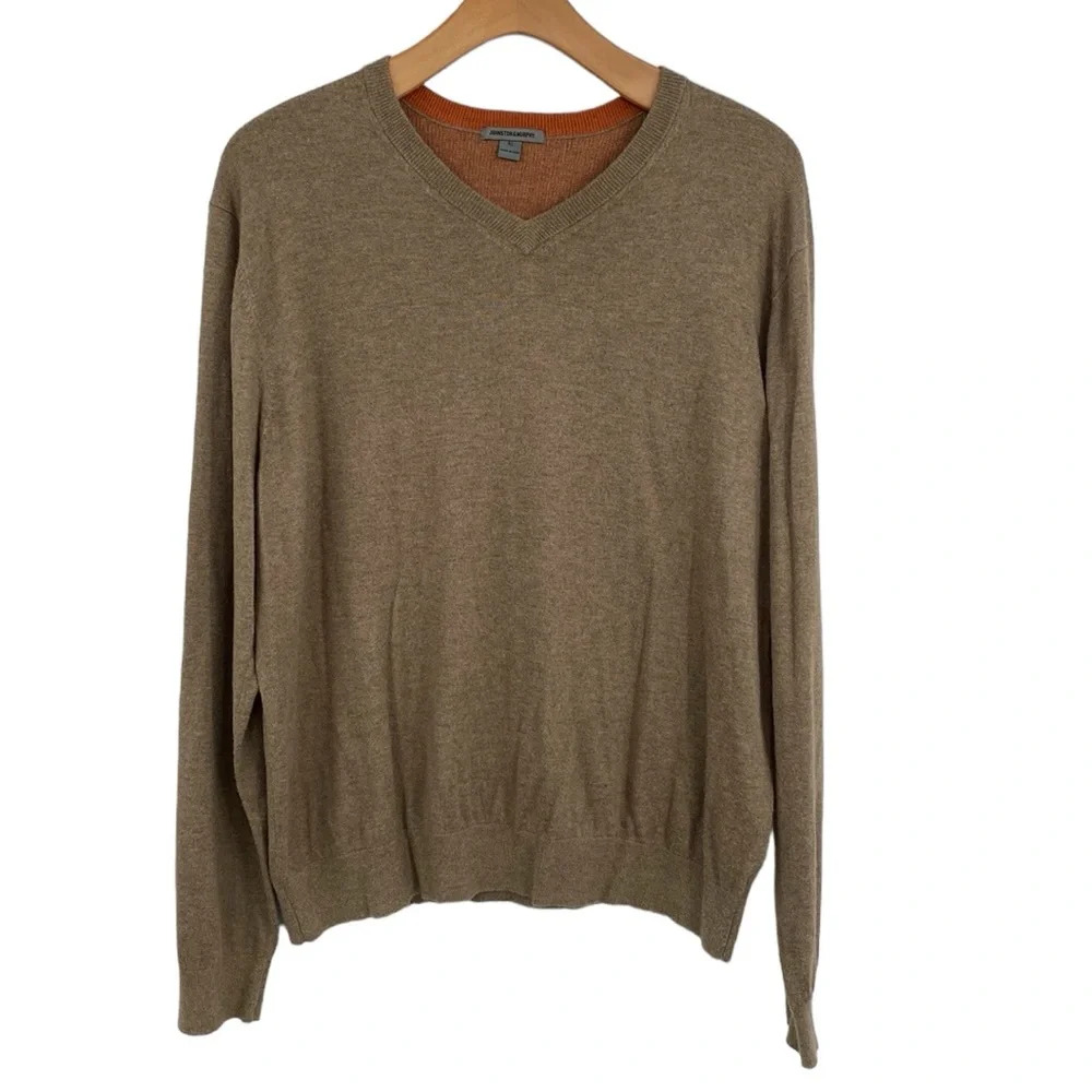 Johnston & Murphy Sweater Men Size XL Tan Silk Angora Blend V-Neck Long‎ Sleeve